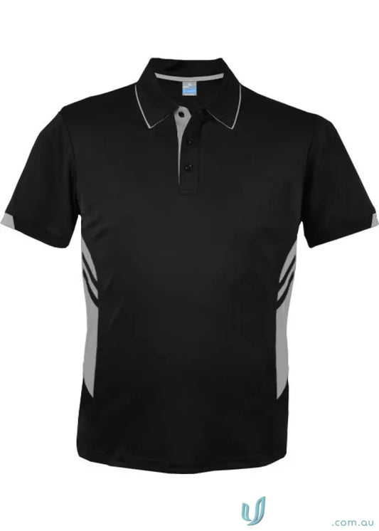 Thames dark polo black short-sleeved shirt with gray trim and stripes perfect for stylish work uniforms and workwear