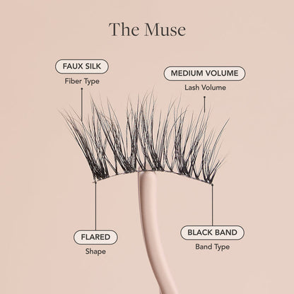 The Muse Half Lash infographic showing lash shape options and band types with Flared and Black Band labels