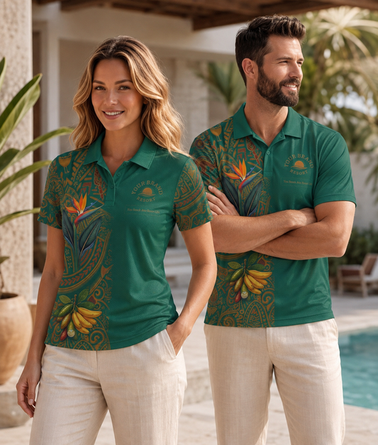 A man and a woman wearing matching green polo shirts with tropical bird-of-paradise and mandala prints, standing in a sunny outdoor resort setting with a pool and palm trees in the background.