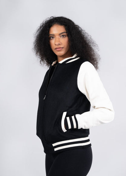 Black and white varsity wool blend ladies jacket with ribbed cuffs and collar perfect for uniforms and workwear