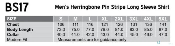 Mens workwear size chart for Winning Spirit Pin BS17 Pin Stripe Shirt